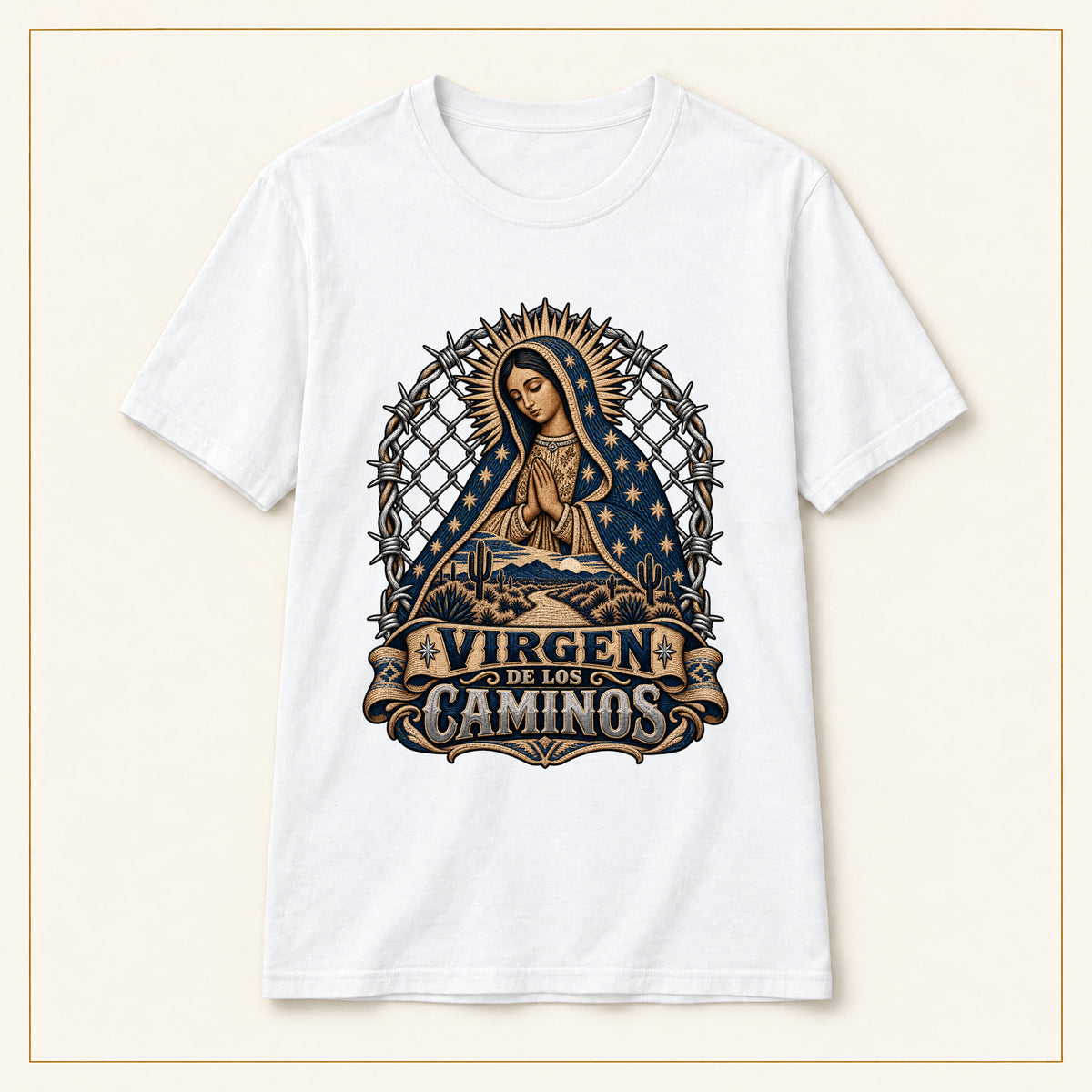 Virgen de los Caminos T-Shirt – Religious Marian Devotion Tee — compact lay-flat, original print scale and placement — White