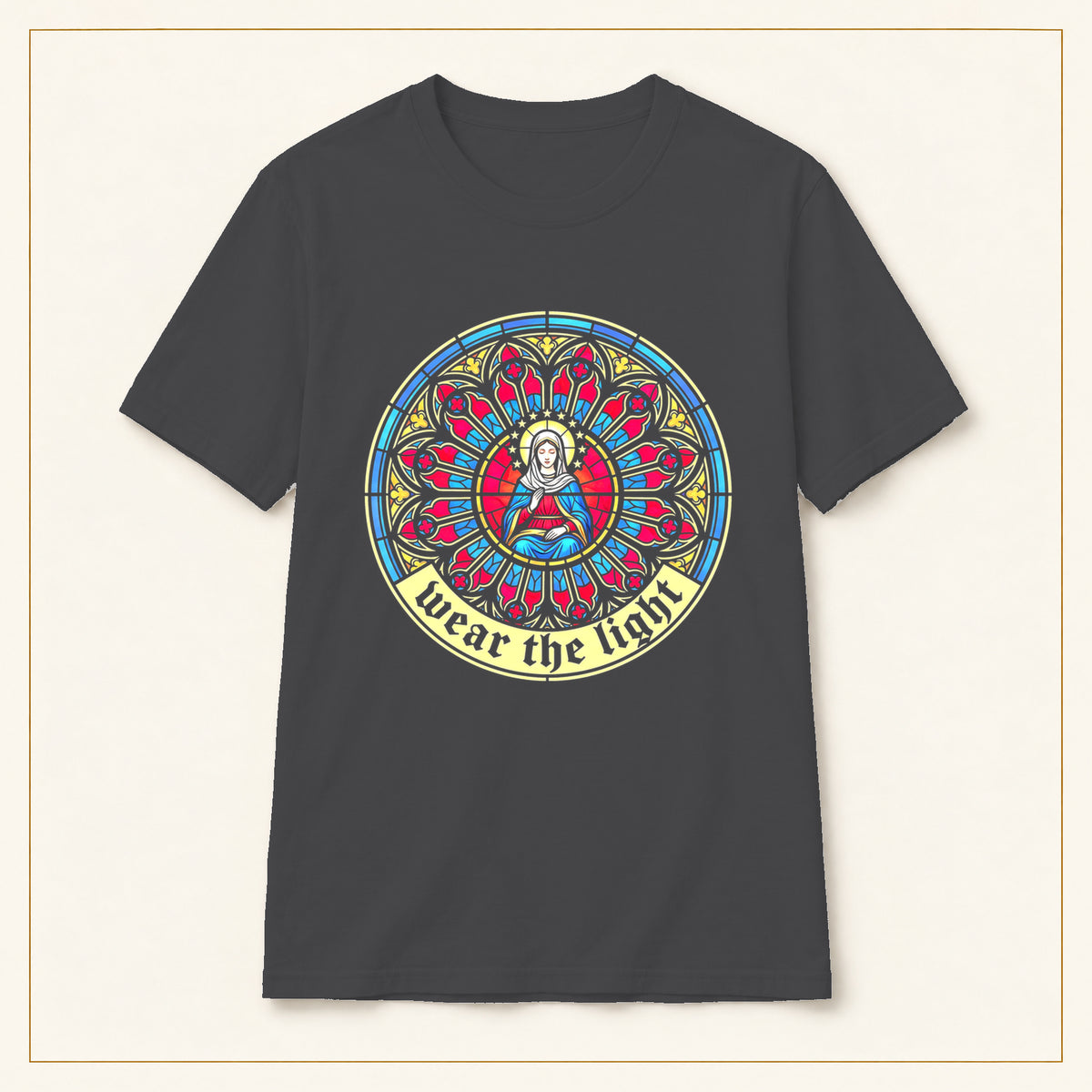 Mary Stained Glass T-Shirt — Wear the Light — compact lay-flat, original print scale and placement — Dark Heather