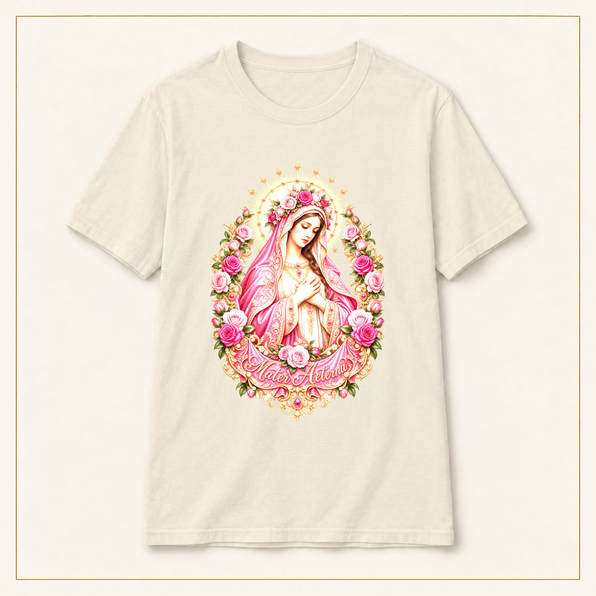 Our Lady of Guadalupe T-Shirt — Pink Floral Portrait — compact lay-flat, original print scale and placement — Natural