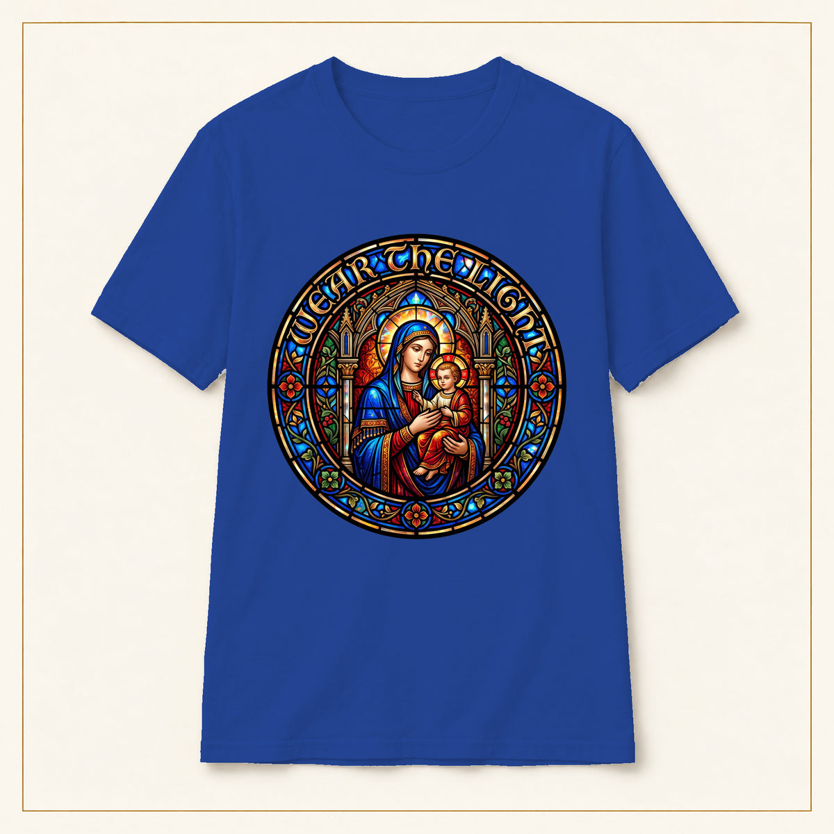 Madonna & Child T-Shirt — Stained Glass — compact lay-flat, original print scale and placement — Royal