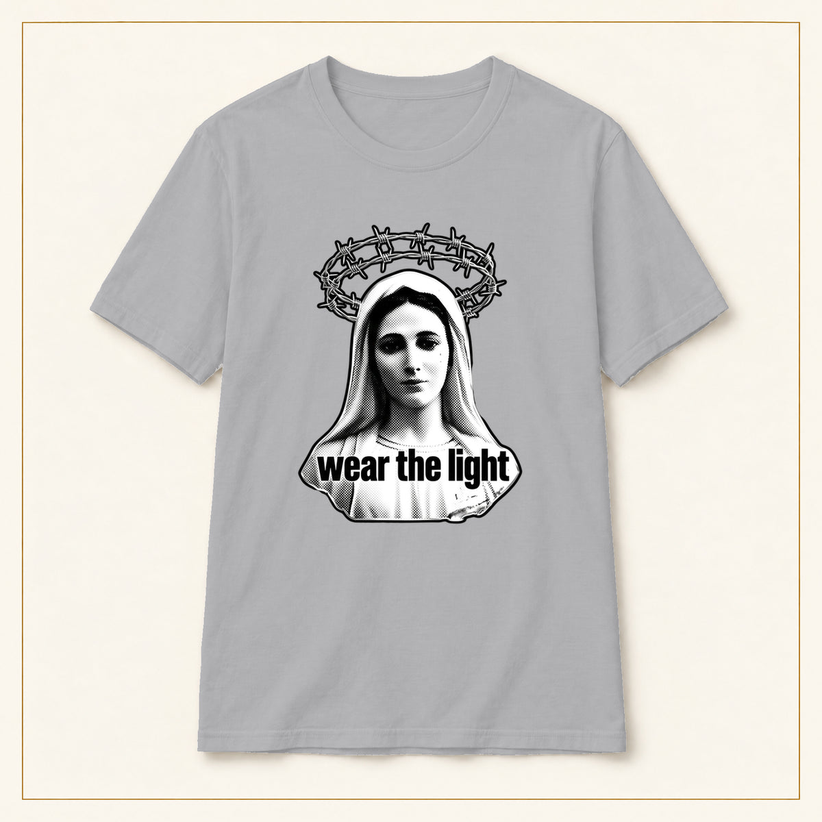 Madonna T-Shirt — Monochrome Crown of Thorns — compact lay-flat, original print scale and placement — Sport Grey