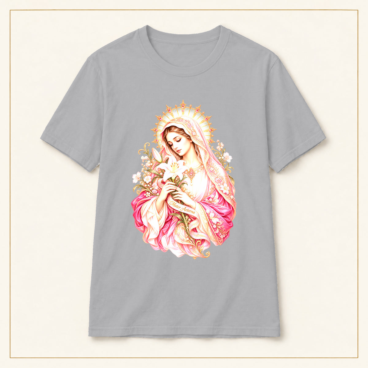 Virgin Mary T-Shirt — Floral Halo — compact lay-flat, original print scale and placement — Sport Grey