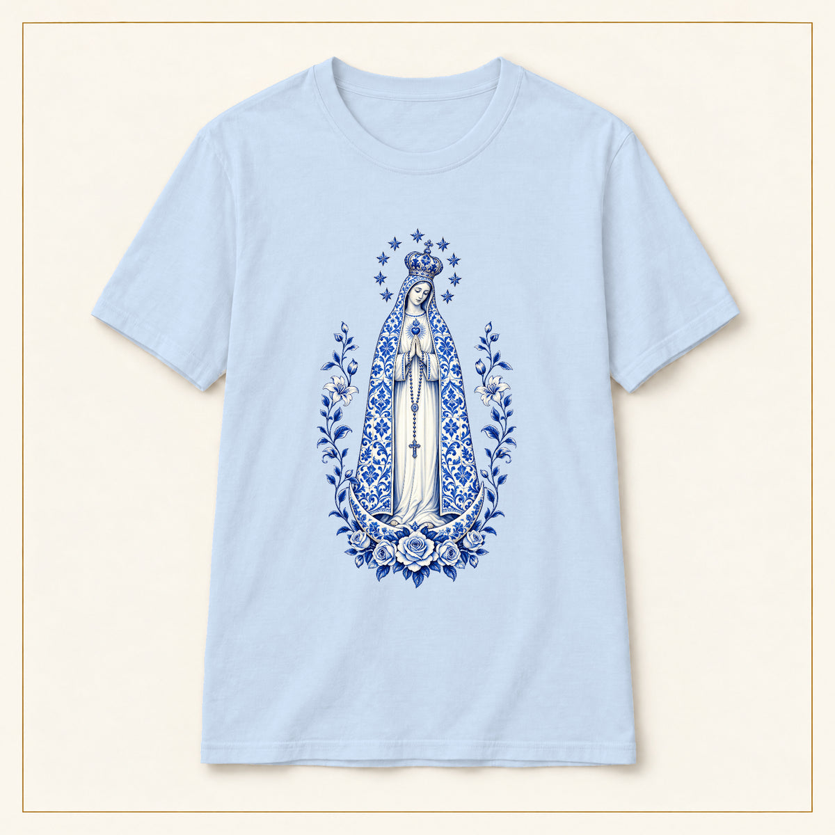 Our Lady of Fátima T-Shirt — Crowned Roses Azulejo — compact lay-flat, original print scale and placement — Light Blue
