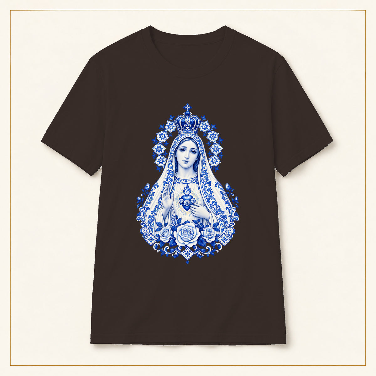 Our Lady of Fátima T-Shirt — Immaculate Heart Azulejo — compact lay-flat, original print scale and placement — Dark Chocolate