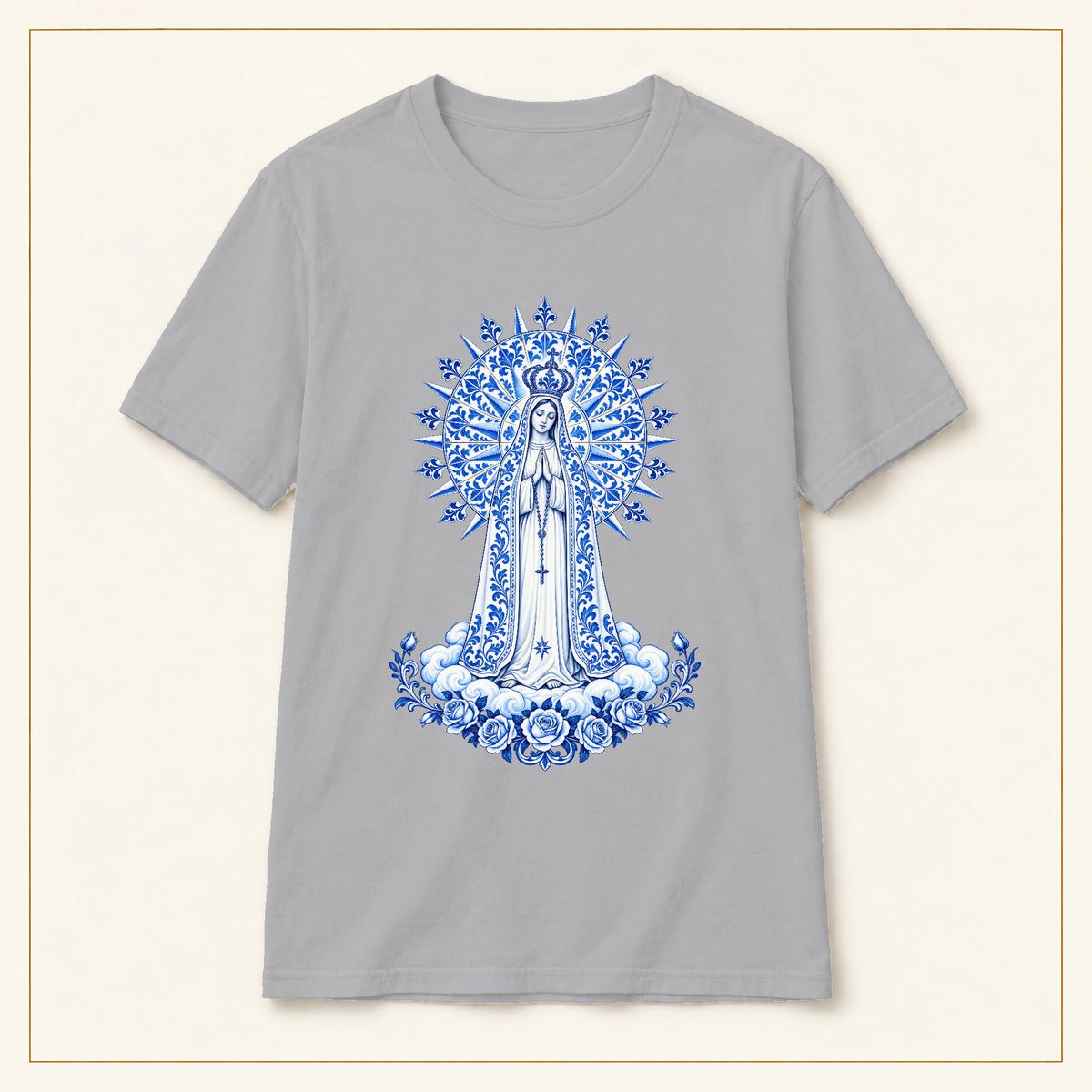 Our Lady of Fátima T-Shirt — Miracle of the Sun Azulejo — compact lay-flat, original print scale and placement — Sport Grey