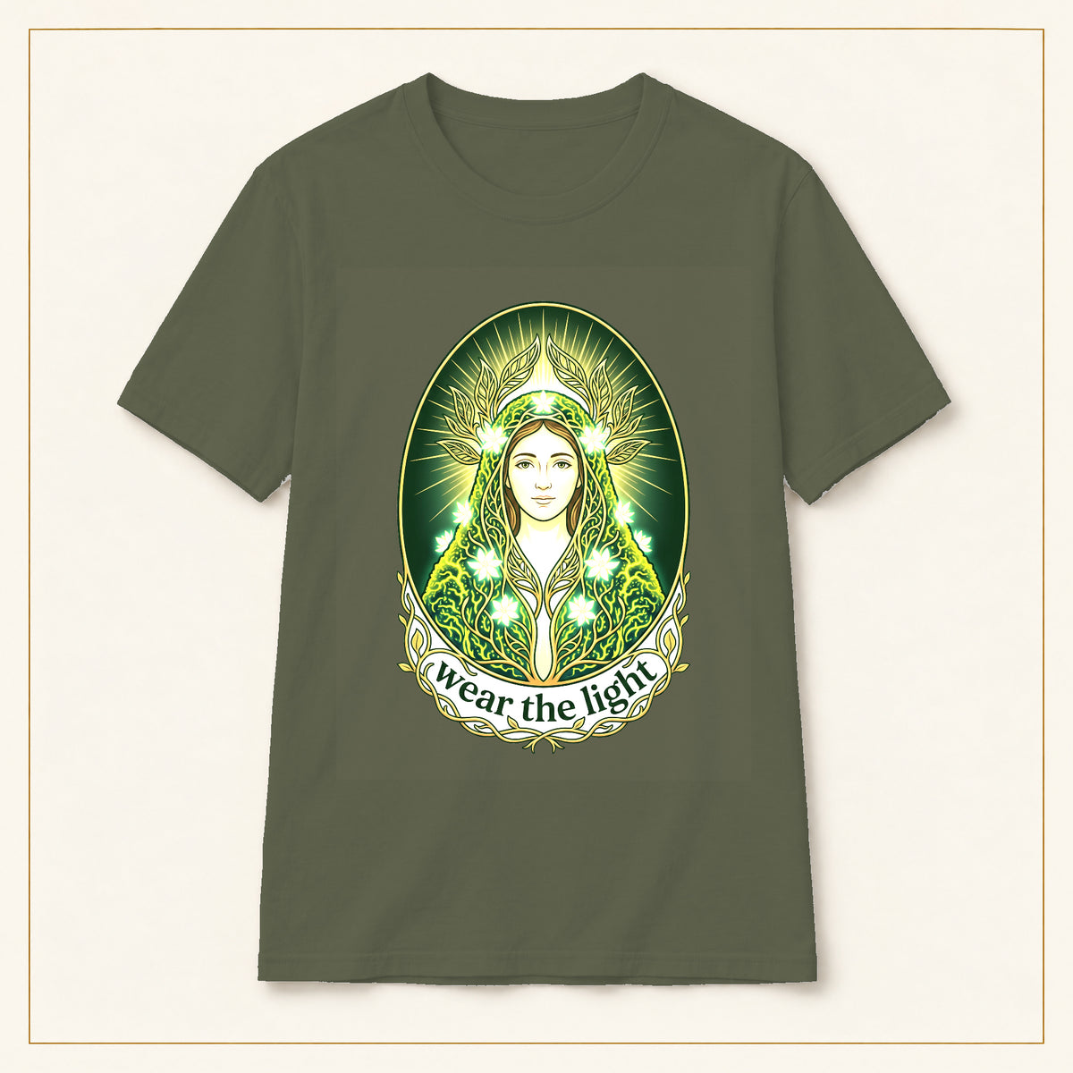 Green Goddess T-Shirt — Wear the Light — compact lay-flat, original print scale and placement — Military Green