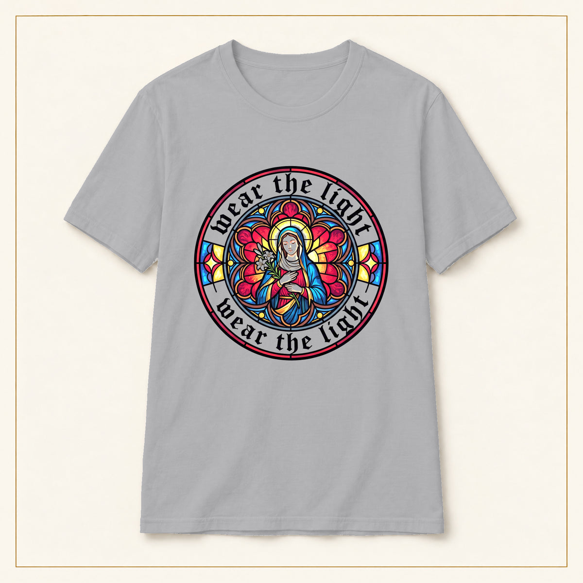 Madonna T-Shirt — Stained Glass Emblem — compact lay-flat, original print scale and placement — Sport Grey