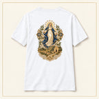 Our Lady of Ta' Pinu — Gozo Pilgrimage White T-Shirt — compact lay-flat, original print scale and placement — White — back view
