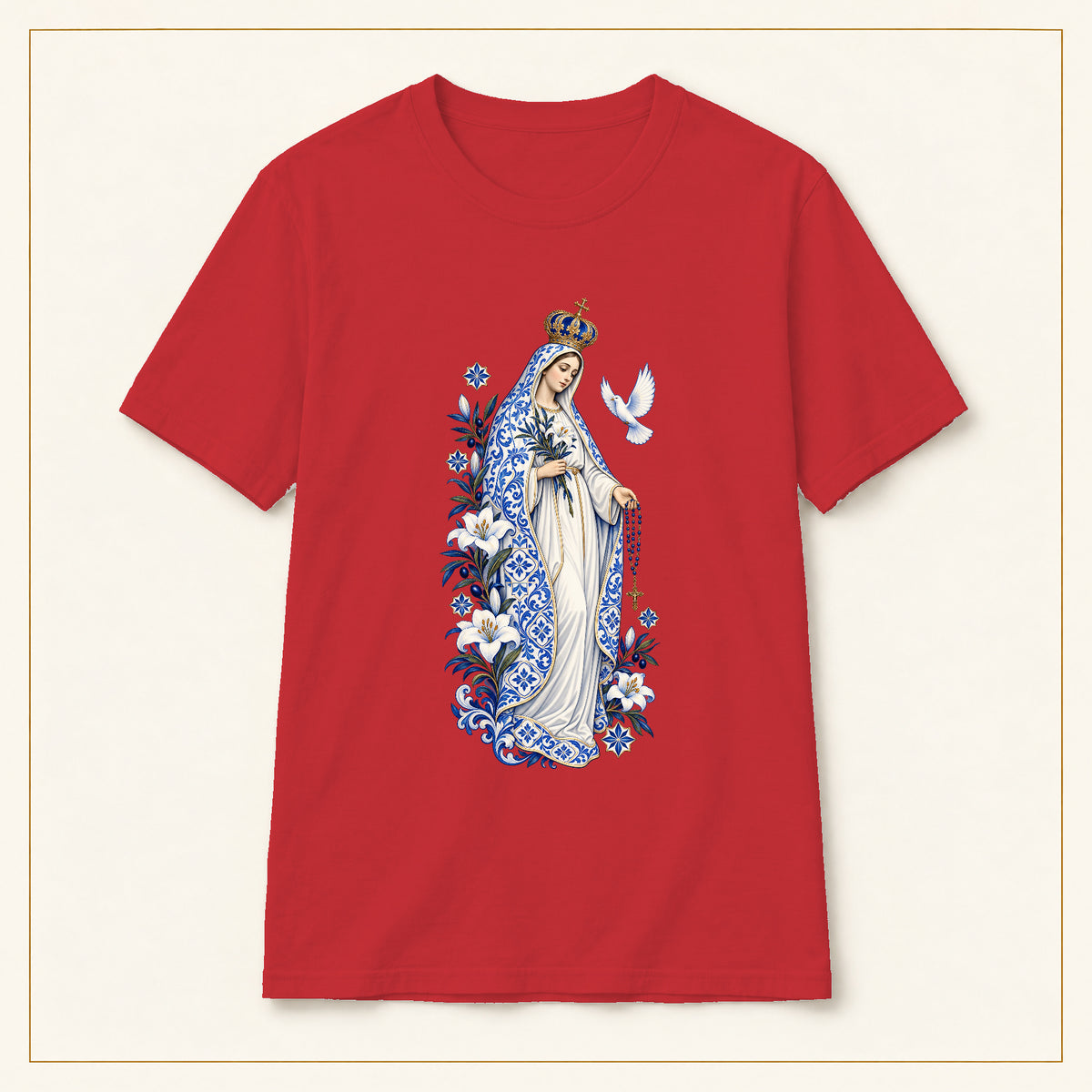Our Lady of Fátima T-Shirt — Lily & Dove Azulejo — compact lay-flat, original print scale and placement — Red