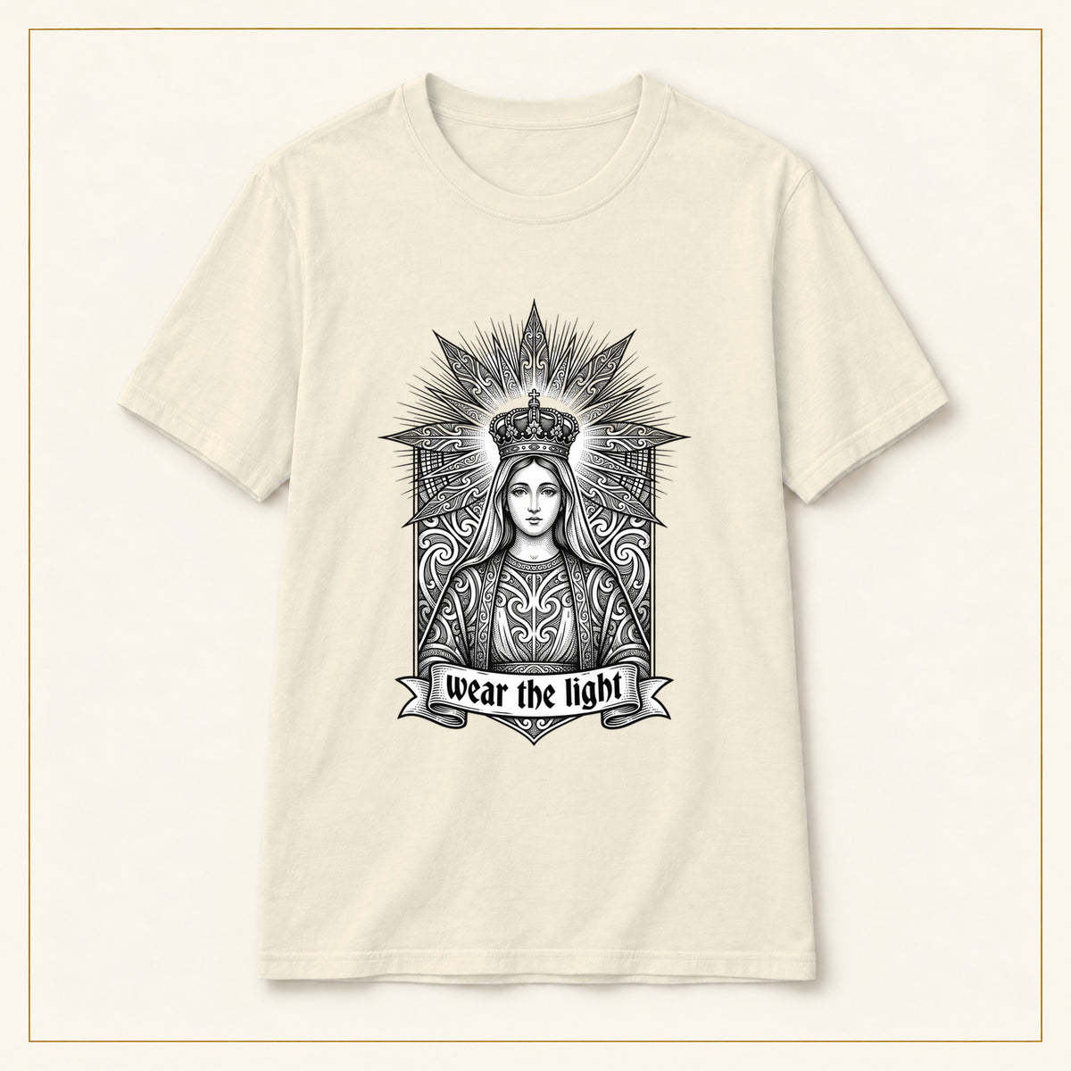 Crowned Woman T-Shirt — Monochrome Sunburst — compact lay-flat, original print scale and placement — Natural