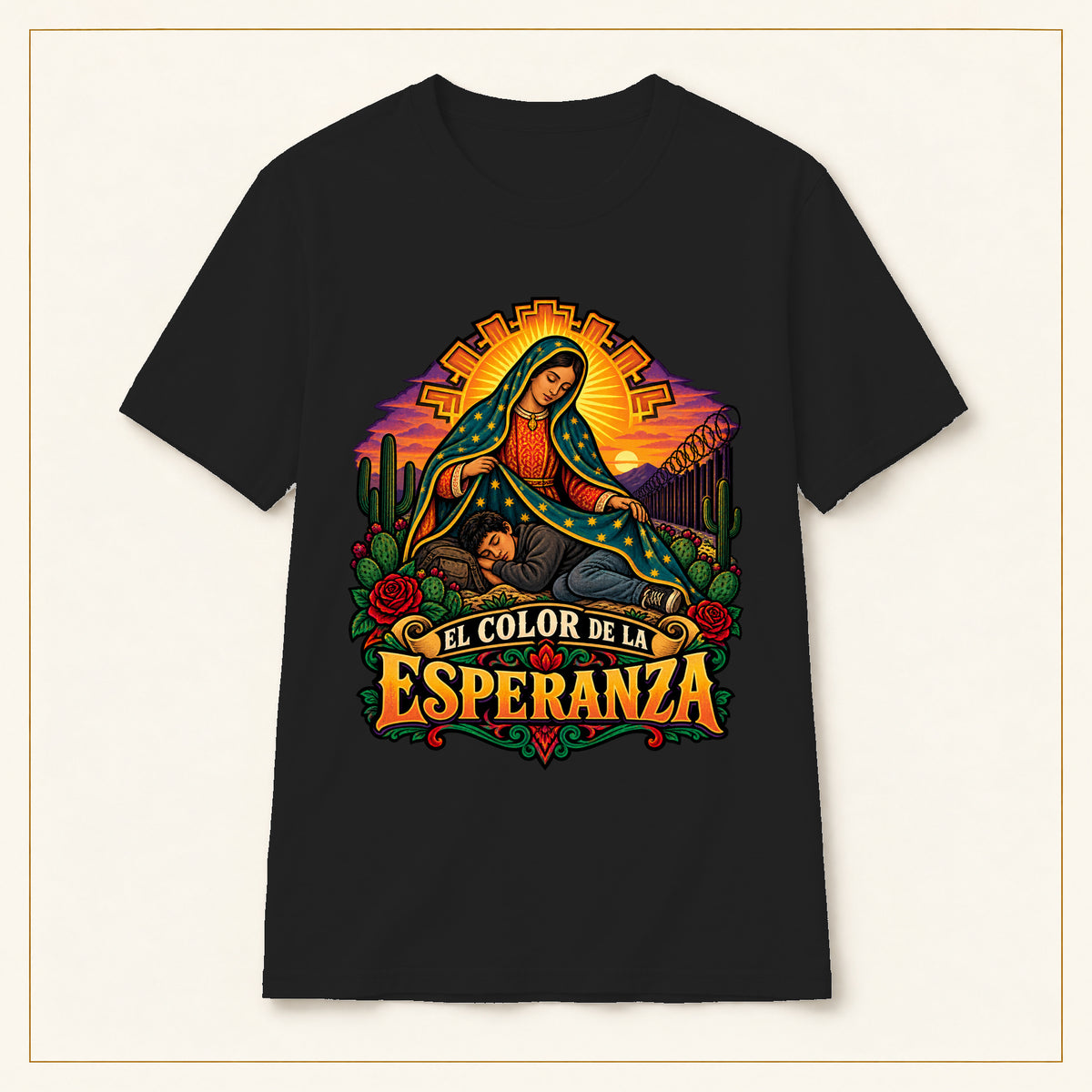 T-Shirt — El Color de la Esperanza Virgen de Guadalupe Graphic Tee — compact lay-flat, original print scale and placement — Black