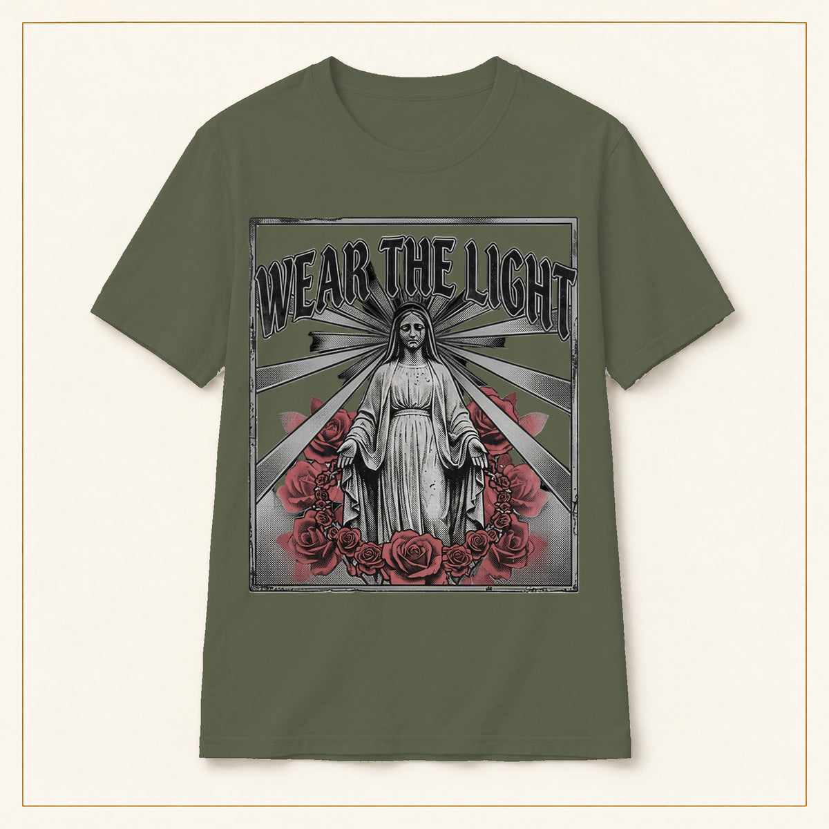 Vintage Rose T-Shirt — Wear the Light — compact lay-flat, original print scale and placement — Military Green