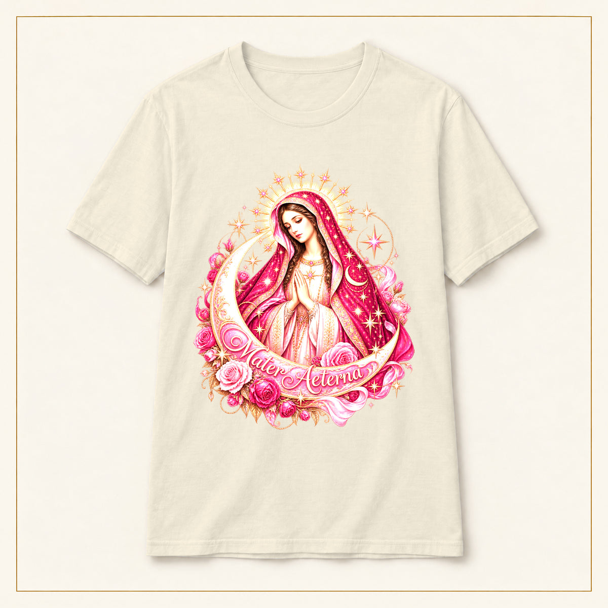 Our Lady of Guadalupe T-Shirt — Rosa & Stars — compact lay-flat, original print scale and placement — Natural