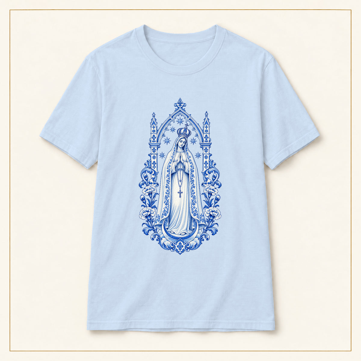 Our Lady of Fátima T-Shirt — Queen of Heaven Azulejo — compact lay-flat, original print scale and placement — Light Blue