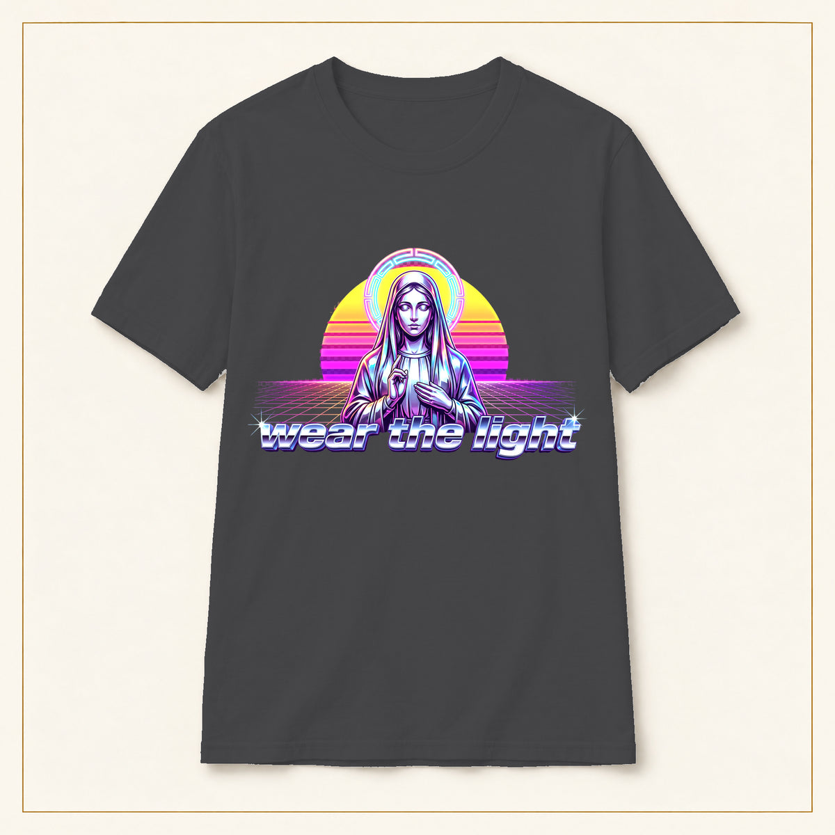 Vaporwave Madonna T-Shirt — Wear the Light — compact lay-flat, original print scale and placement — Dark Heather