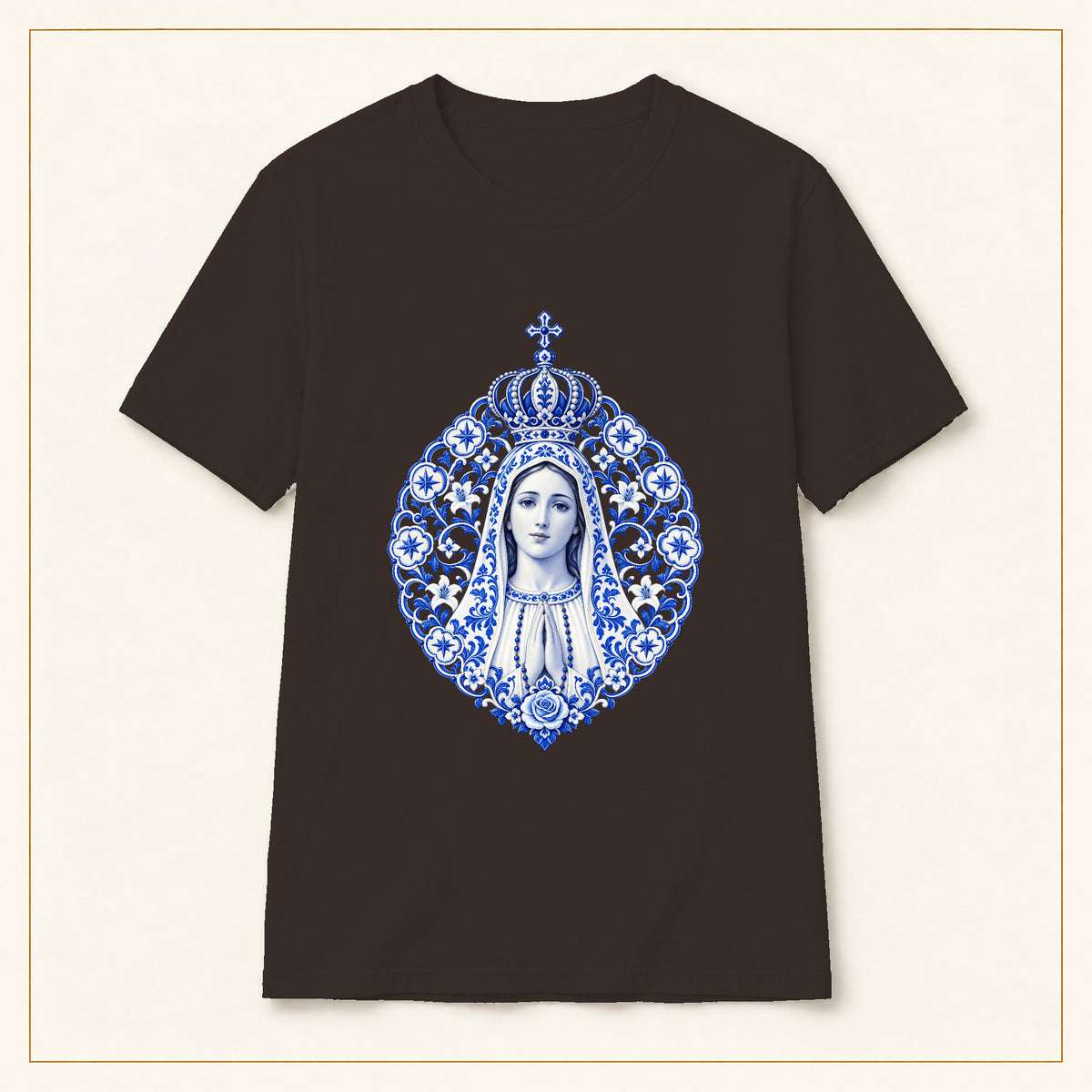 Our Lady of Fátima T-Shirt — Azulejo Mandala — compact lay-flat, original print scale and placement — Dark Chocolate