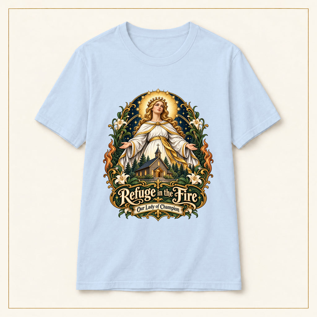 Refuge in the Fire T-Shirt — Our Lady of Champion — compact lay-flat, original print scale and placement — Light Blue