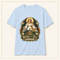 Refuge in the Fire T-Shirt — Our Lady of Champion — compact lay-flat, original print scale and placement — Light Blue