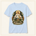 Refuge in the Fire T-Shirt — Our Lady of Champion — compact lay-flat, original print scale and placement — Light Blue