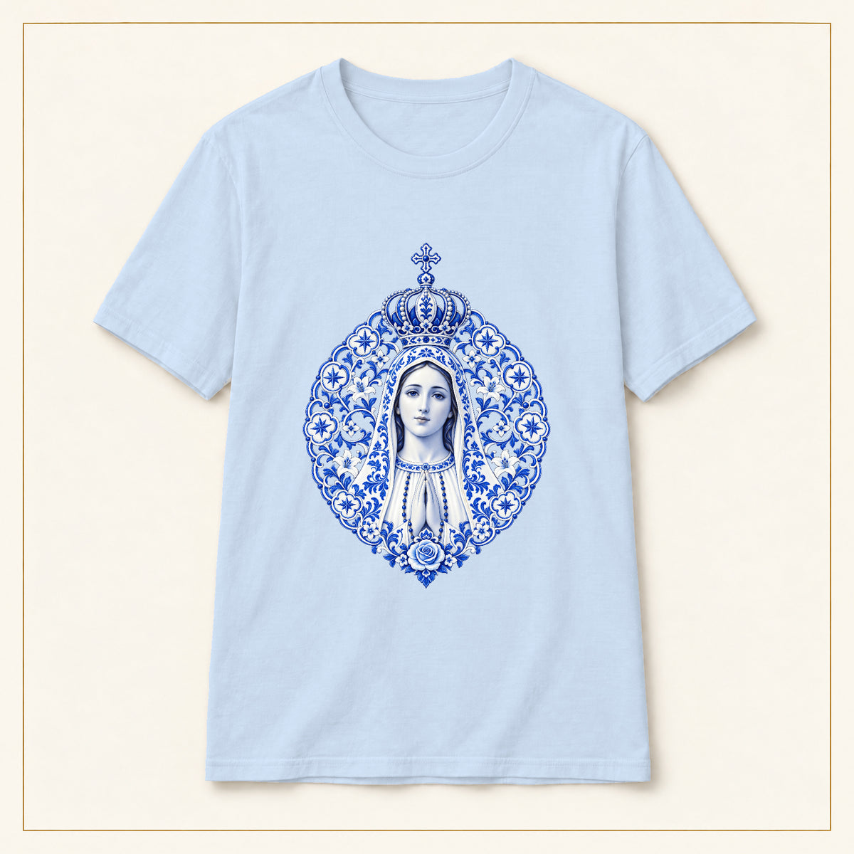 Our Lady of Fátima T-Shirt — Azulejo Mandala — compact lay-flat, original print scale and placement — Light Blue