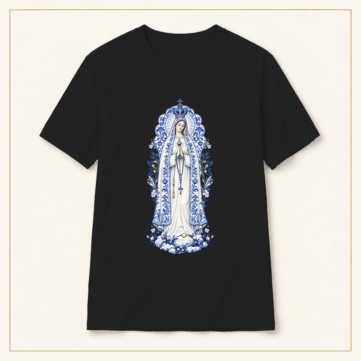 Our Lady of Fátima T-Shirt — Cova da Iria Azulejo — compact lay-flat, original print scale and placement — Black