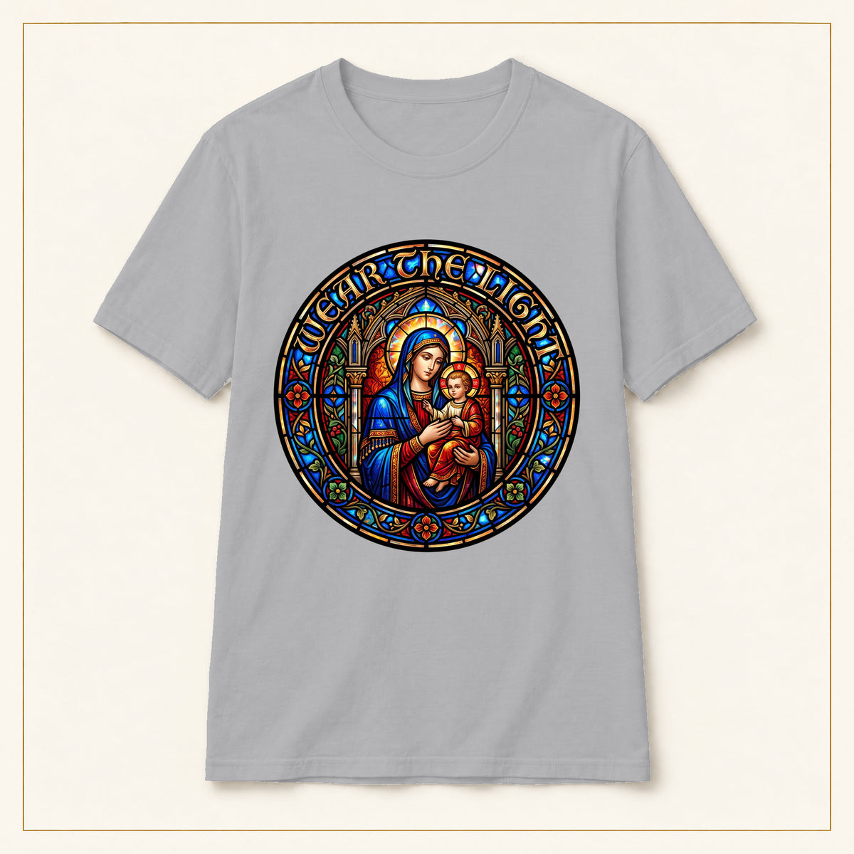 Madonna & Child T-Shirt — Stained Glass — compact lay-flat, original print scale and placement — Sport Grey