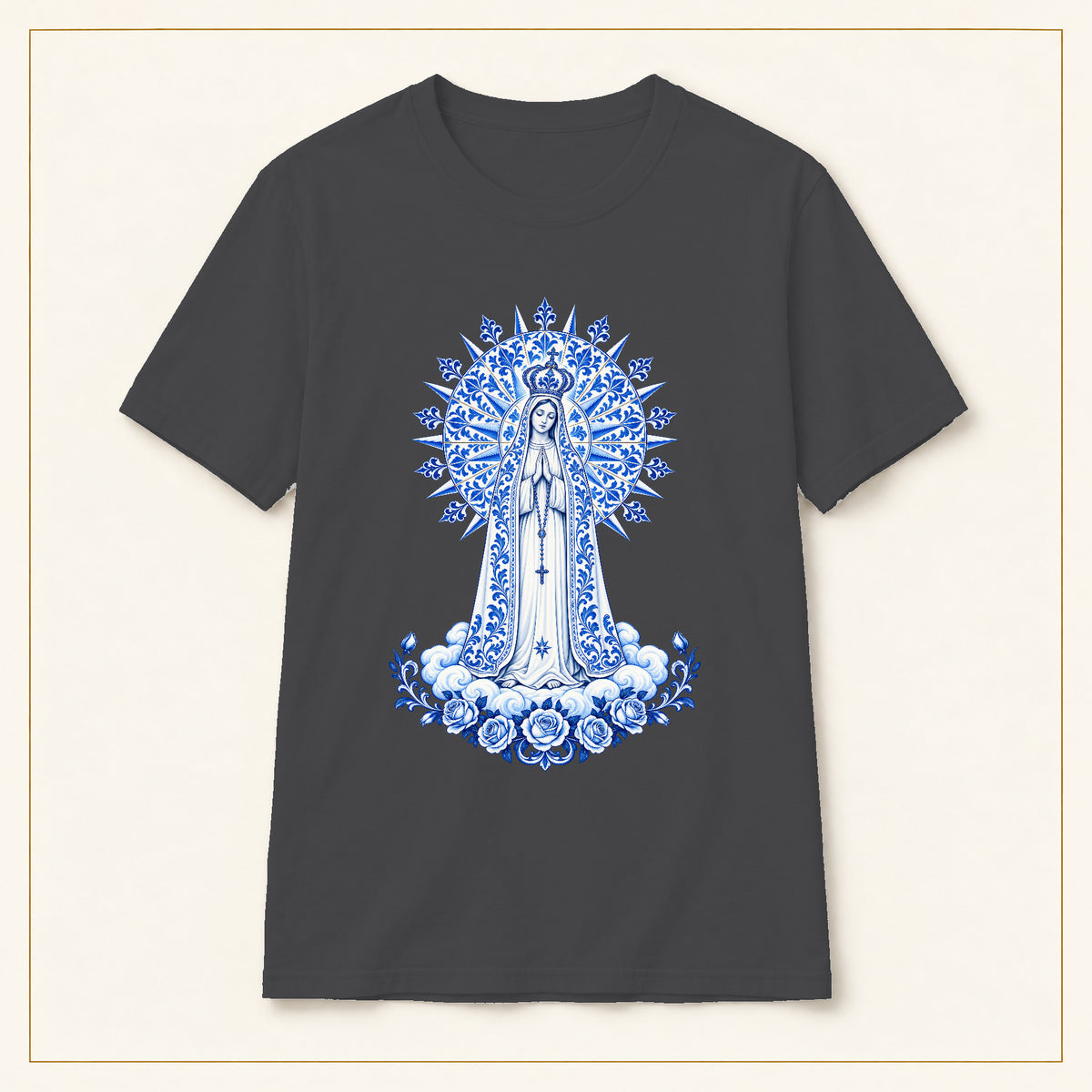 Our Lady of Fátima T-Shirt — Miracle of the Sun Azulejo — compact lay-flat, original print scale and placement — Dark Heather