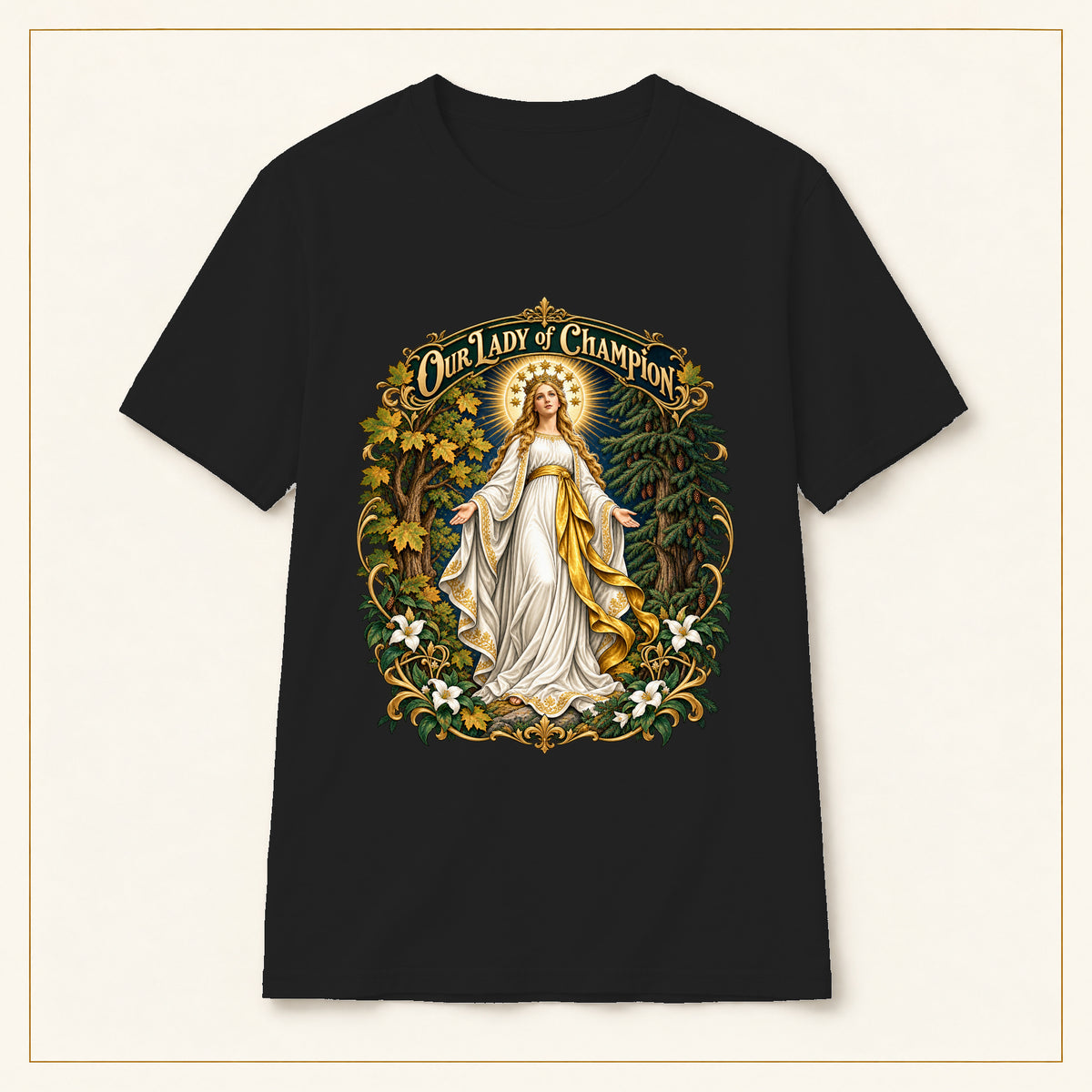Our Lady of Champion T-Shirt — Sacred Trees — compact lay-flat, original print scale and placement — Black