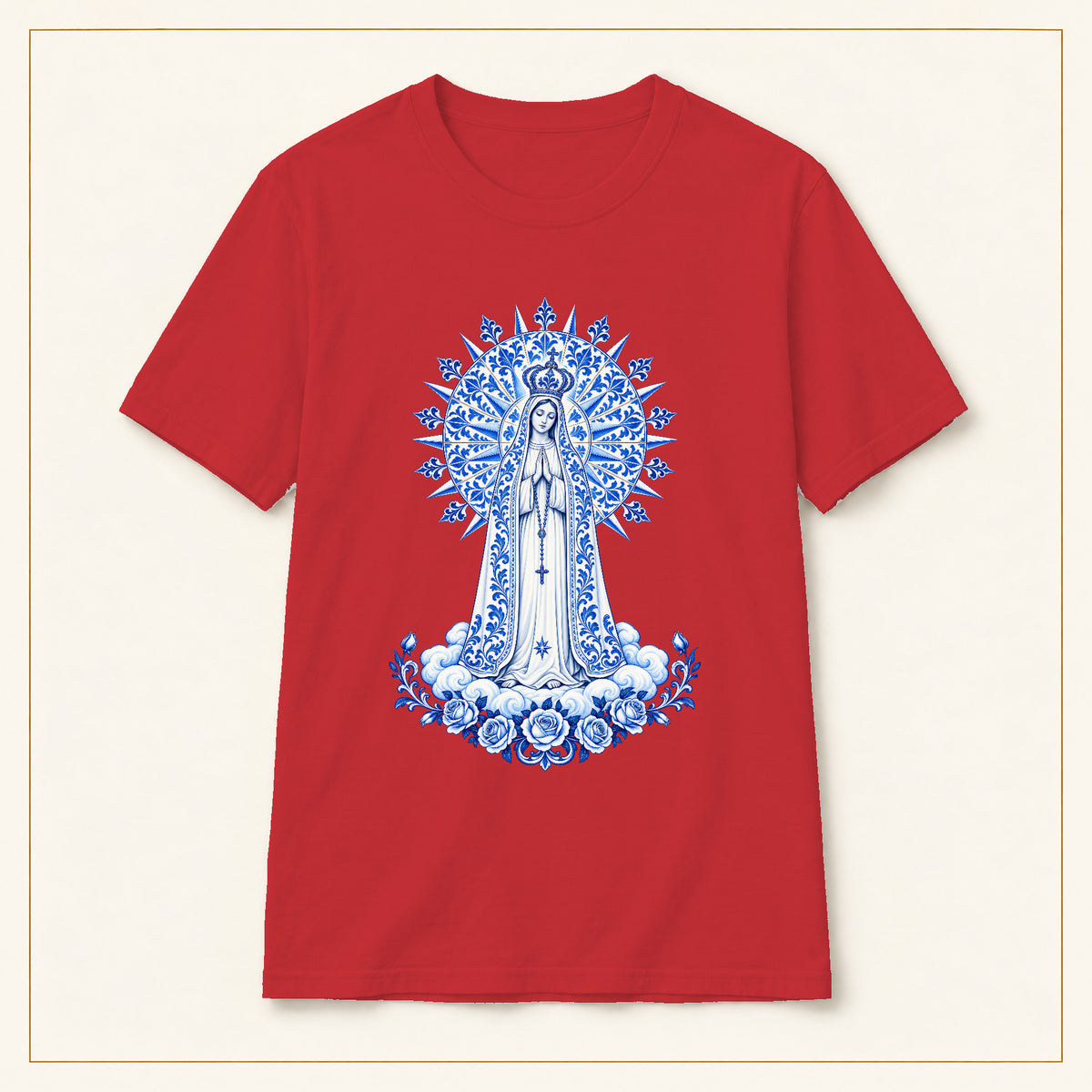 Our Lady of Fátima T-Shirt — Miracle of the Sun Azulejo — compact lay-flat, original print scale and placement — Red