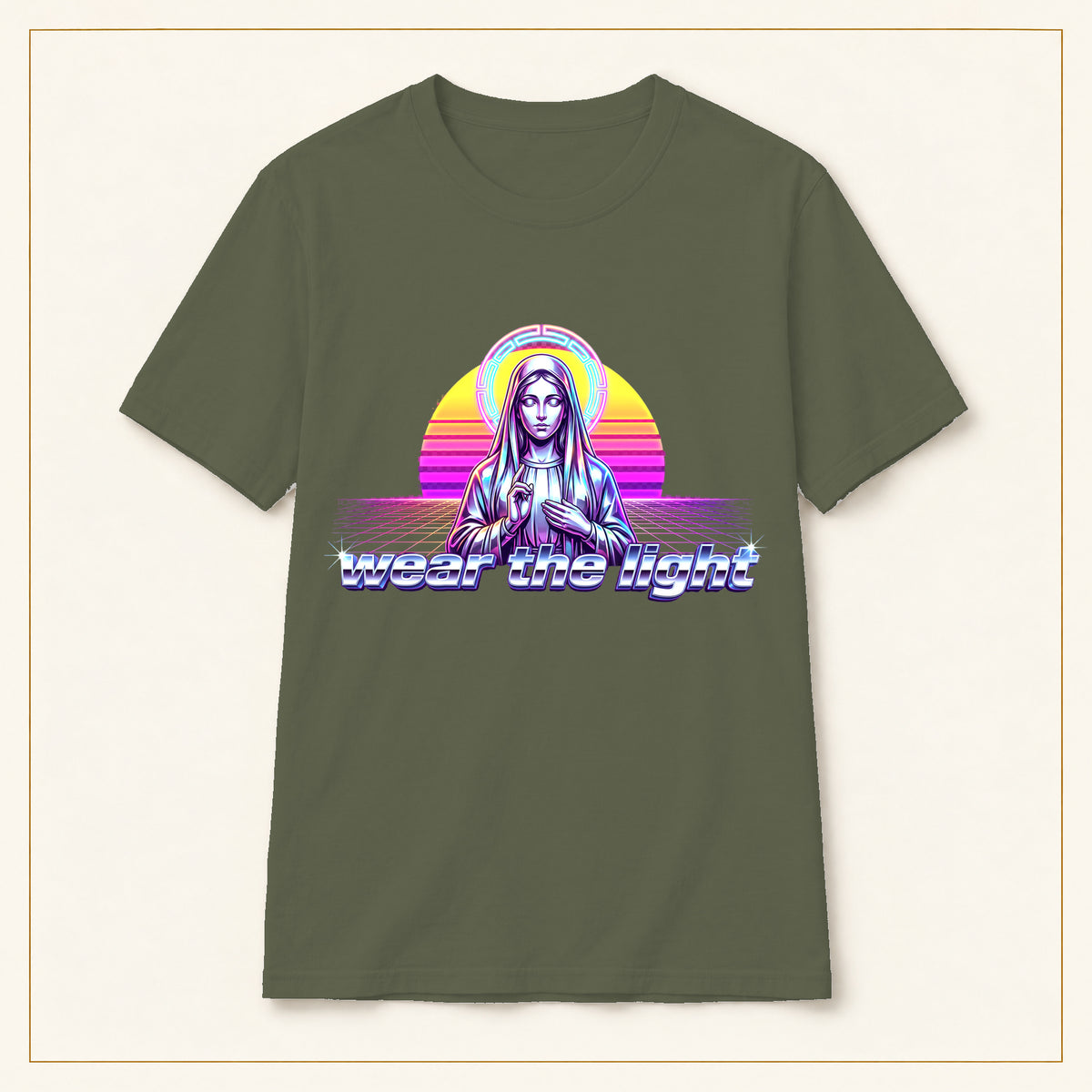 Vaporwave Madonna T-Shirt — Wear the Light — compact lay-flat, original print scale and placement — Military Green