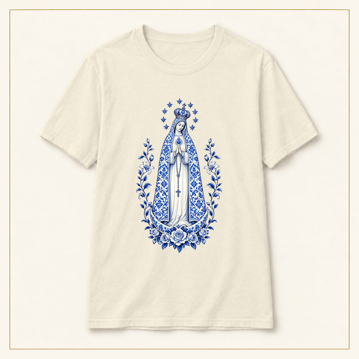 Our Lady of Fátima T-Shirt — Crowned Roses Azulejo — compact lay-flat, original print scale and placement — Natural