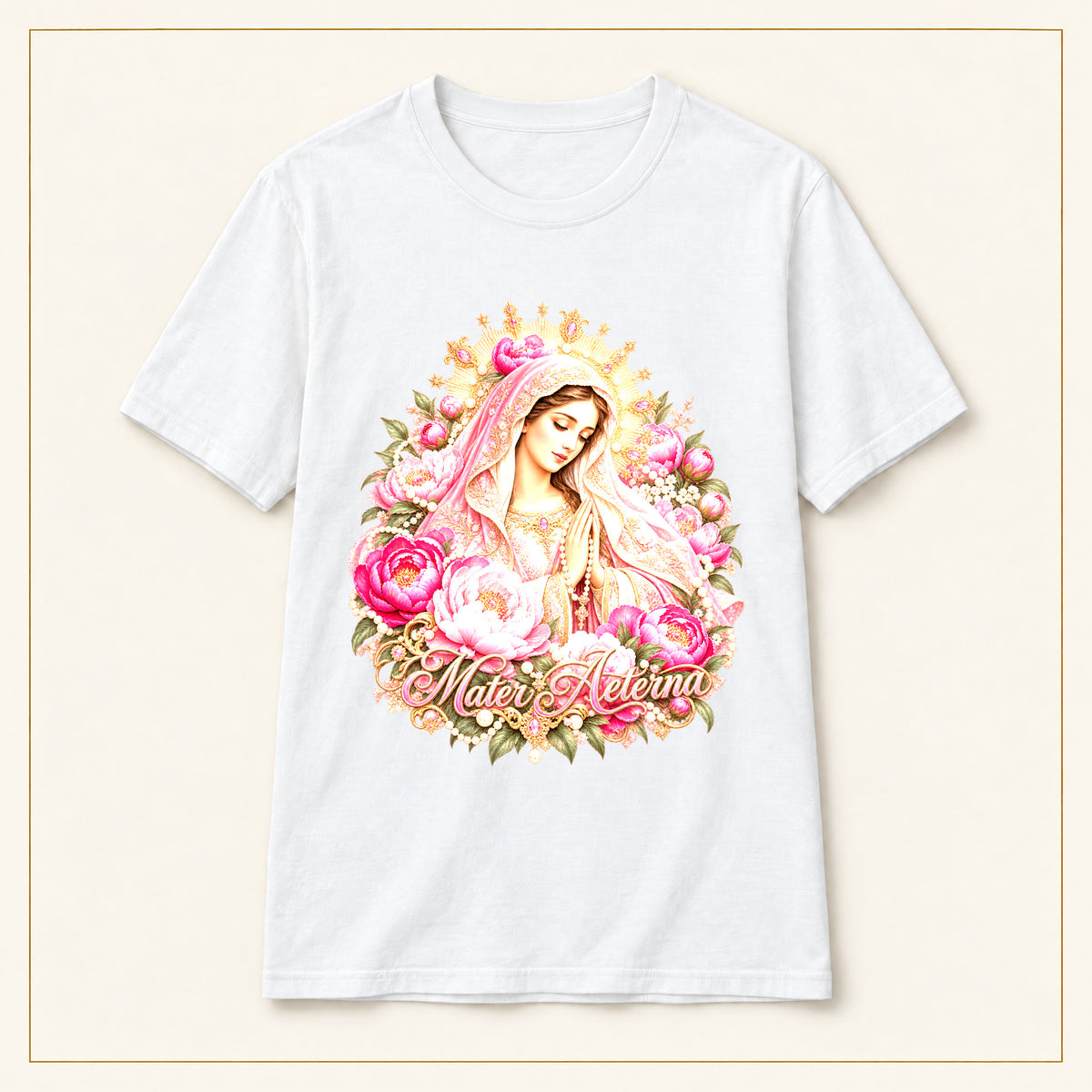 Madre María Rosa T-Shirt — Painted Roses — compact lay-flat, original print scale and placement — White