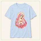 Our Lady of Guadalupe T-Shirt — Floral Gold Halo — compact lay-flat, original print scale and placement — Light Blue