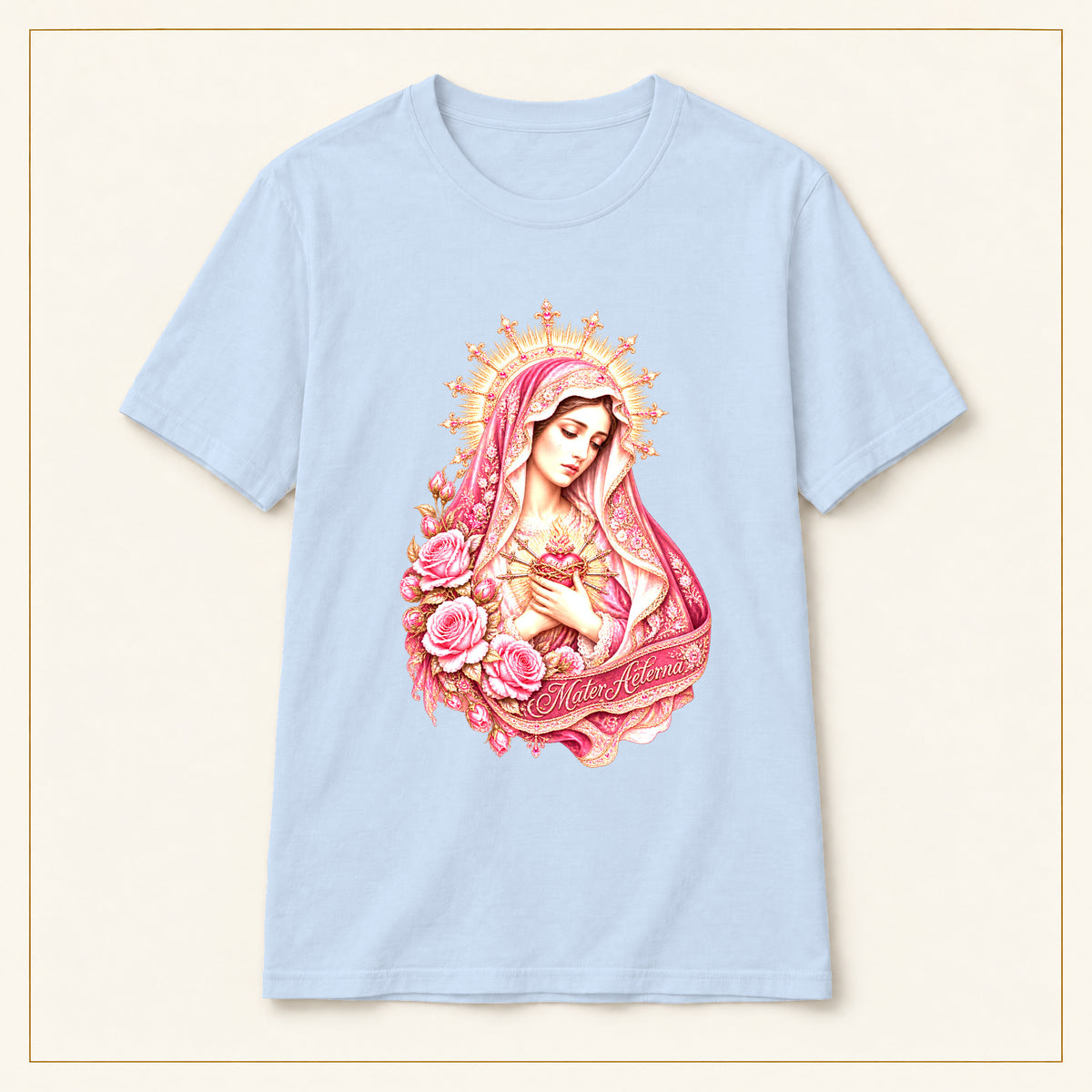 Our Lady of Guadalupe T-Shirt — Floral Gold Halo — compact lay-flat, original print scale and placement — Light Blue