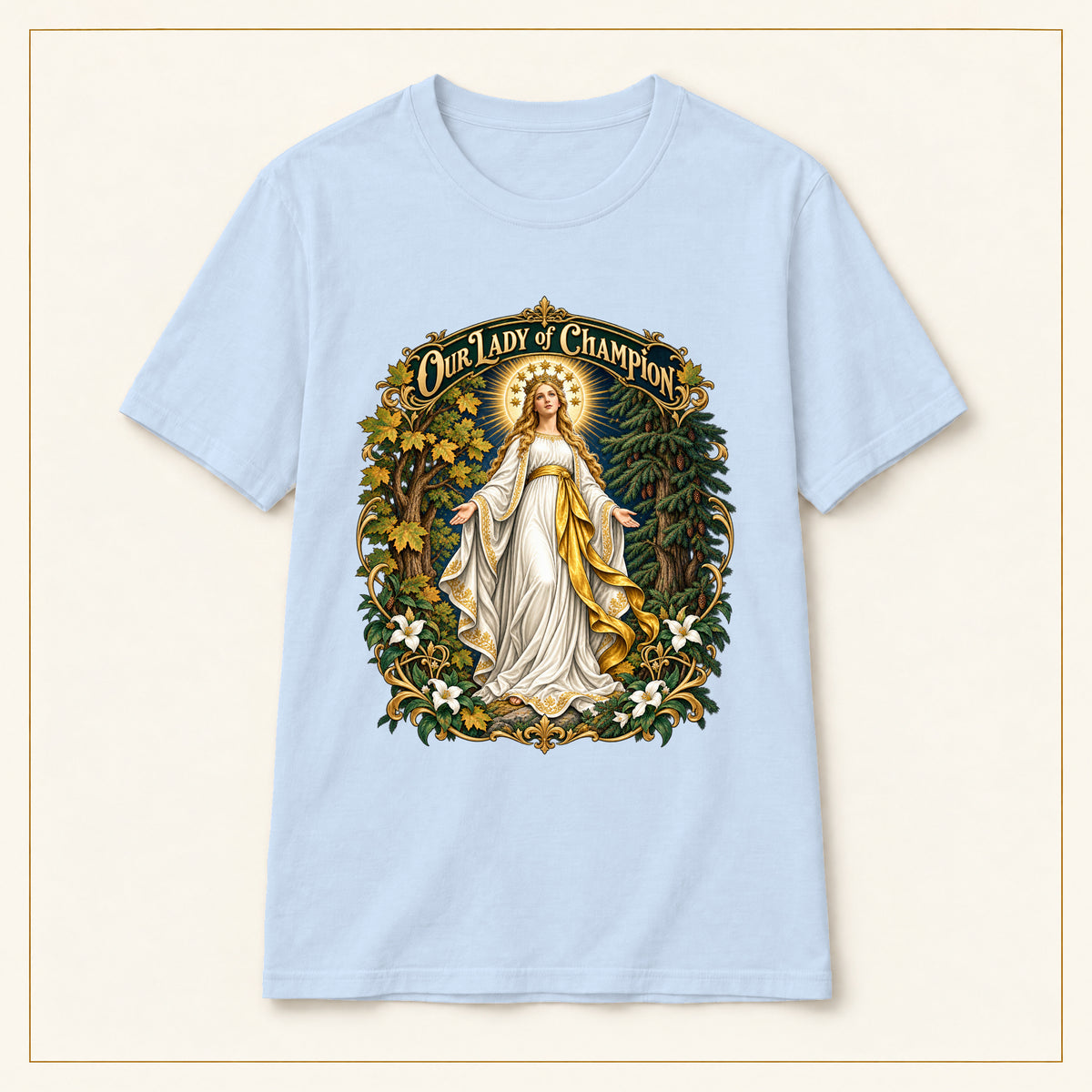 Our Lady of Champion T-Shirt — Sacred Trees — compact lay-flat, original print scale and placement — Light Blue
