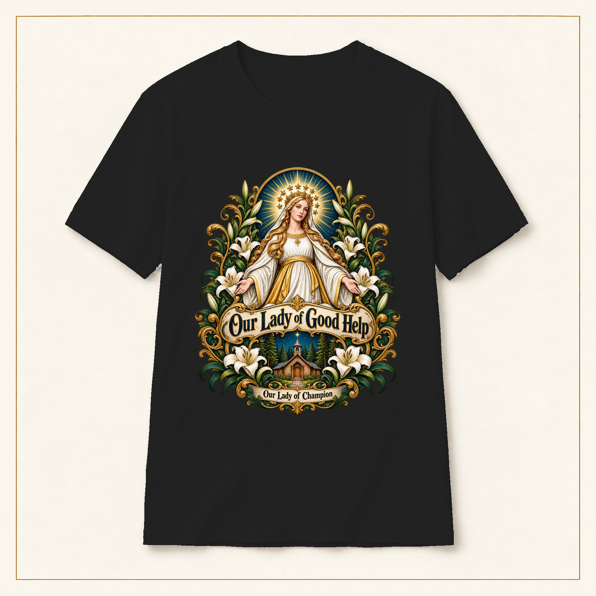 Our Lady of Good Help T-Shirt — Champion Medallion — compact lay-flat, original print scale and placement — Black