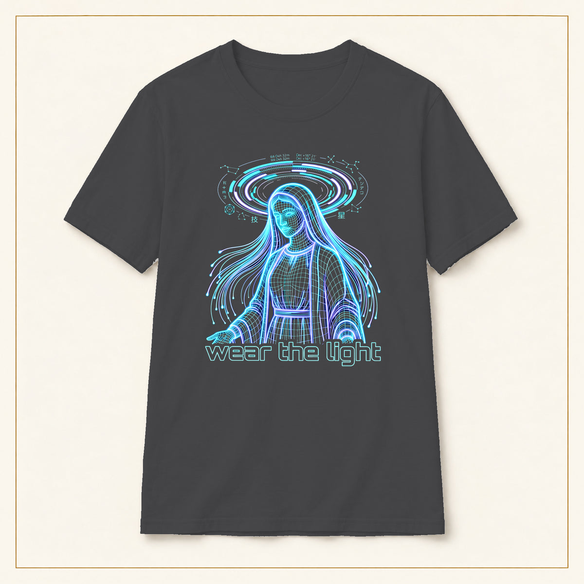 Ethereal Water Spirit T-Shirt — Blue Illustration — compact lay-flat, original print scale and placement — Dark Heather