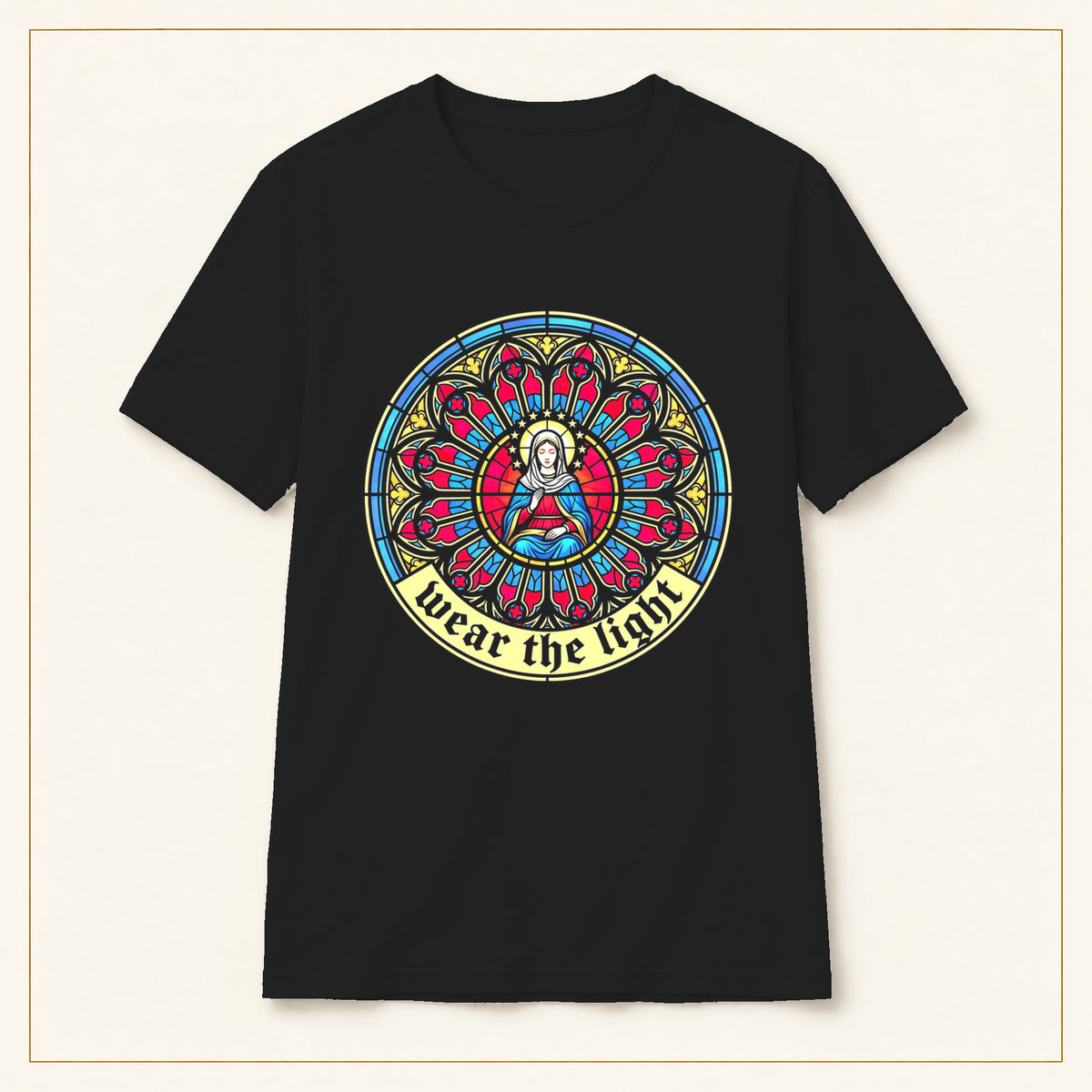 Mary Stained Glass T-Shirt — Wear the Light — compact lay-flat, original print scale and placement — Black