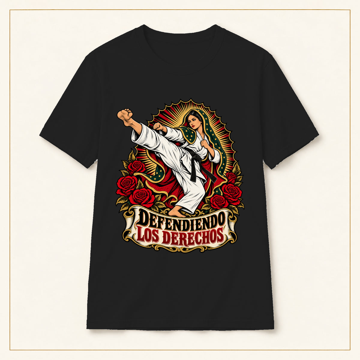Defendiendo Los Derechos Martial Arts T-Shirt — Virgen de Guadalupe Taekwondo Design — compact lay-flat, original print scale and placement — Black