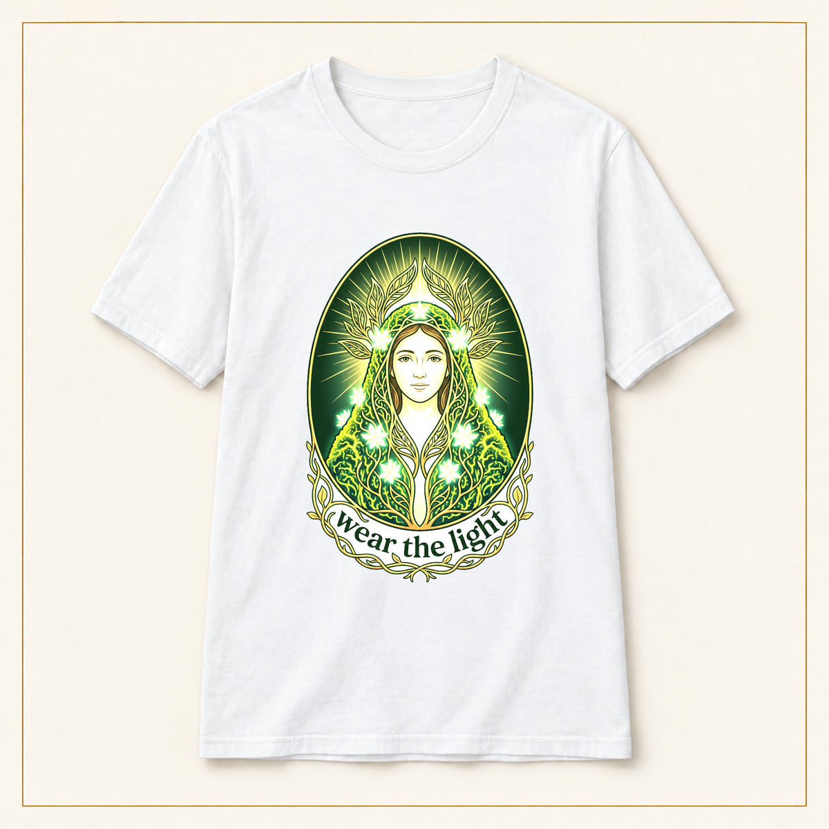 Green Goddess T-Shirt — Wear the Light — compact lay-flat, original print scale and placement — White