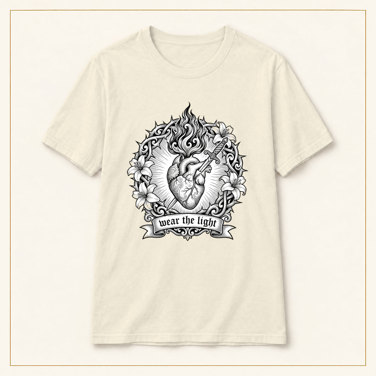 Sacred Heart T-Shirt — Monochrome Floral Flame — compact lay-flat, original print scale and placement — Natural