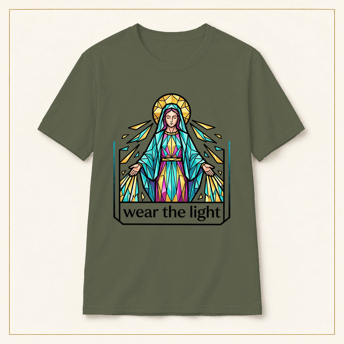 Stained Glass Virgin Mary T-Shirt — Wear the Light — compact lay-flat, original print scale and placement — Military Green