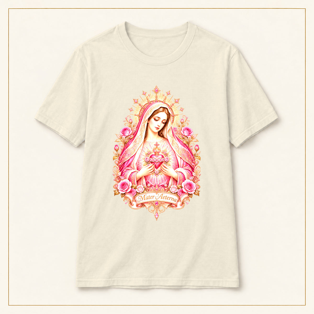 Sacred Heart Mary T-Shirt — Pink Floral — compact lay-flat, original print scale and placement — Natural
