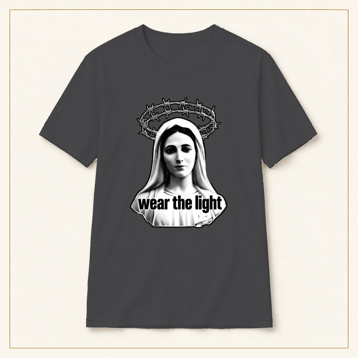 Madonna T-Shirt — Monochrome Crown of Thorns — compact lay-flat, original print scale and placement — Dark Heather