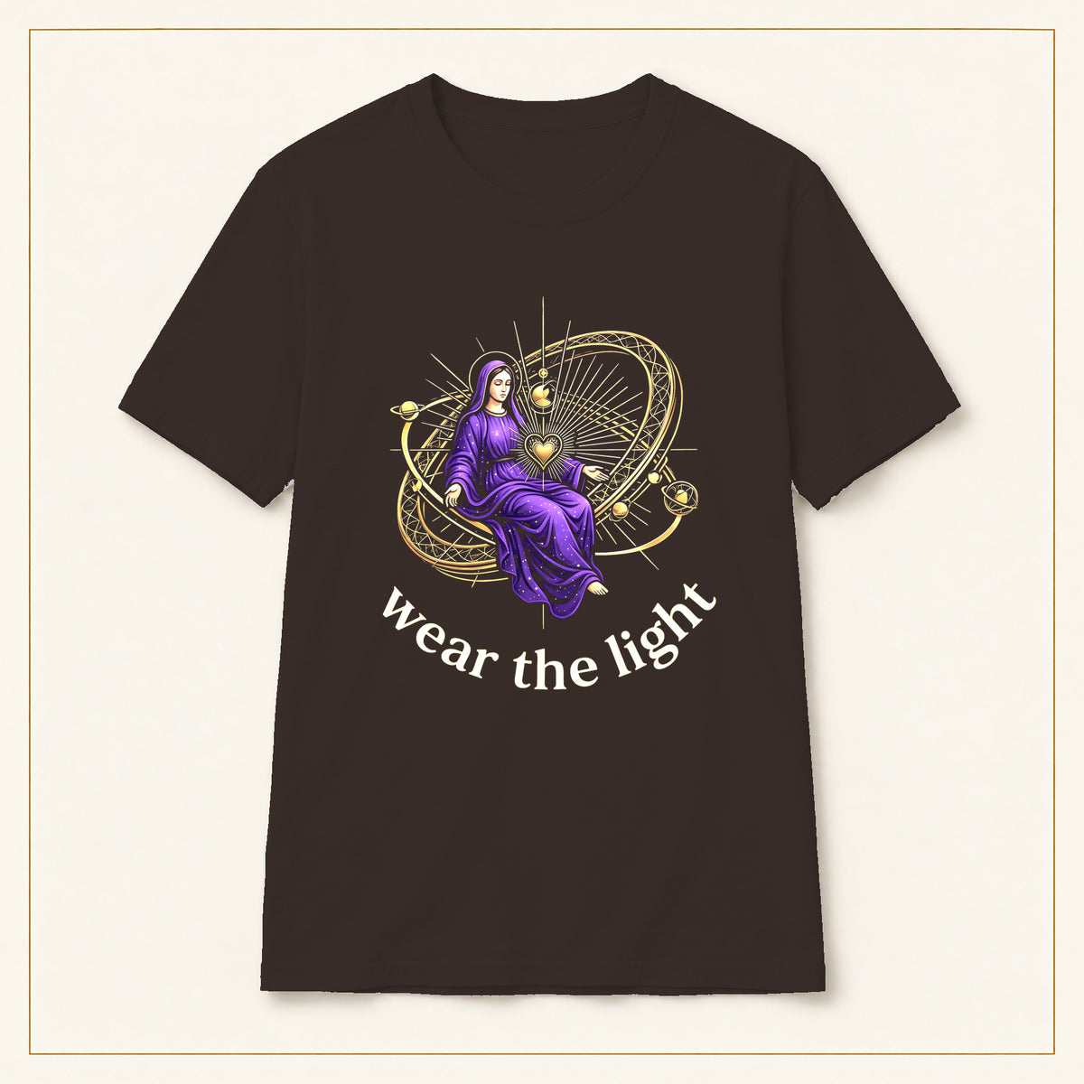 Mystic Goddess T-Shirt — Celestial Orb — compact lay-flat, original print scale and placement — Dark Chocolate