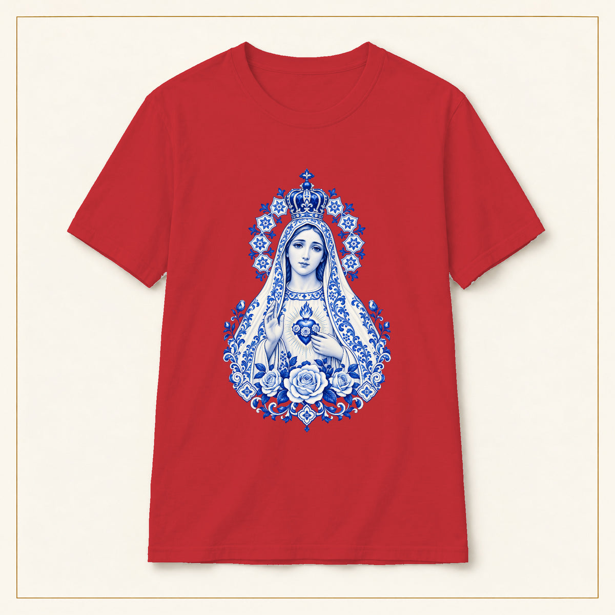 Our Lady of Fátima T-Shirt — Immaculate Heart Azulejo — compact lay-flat, original print scale and placement — Red