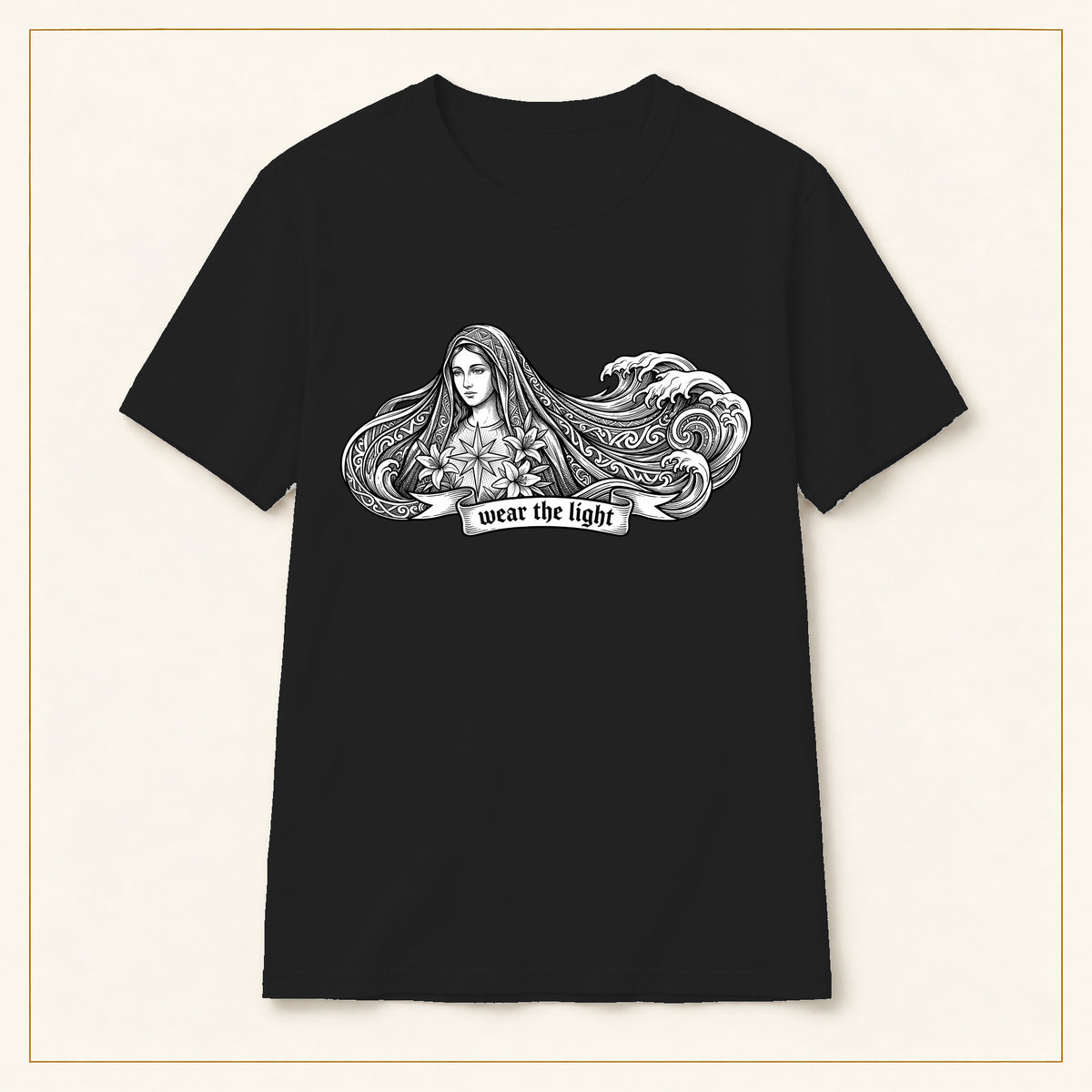 Wave Woman T-Shirt — Japanese-Inspired Ink Illustration — compact lay-flat, original print scale and placement — Black