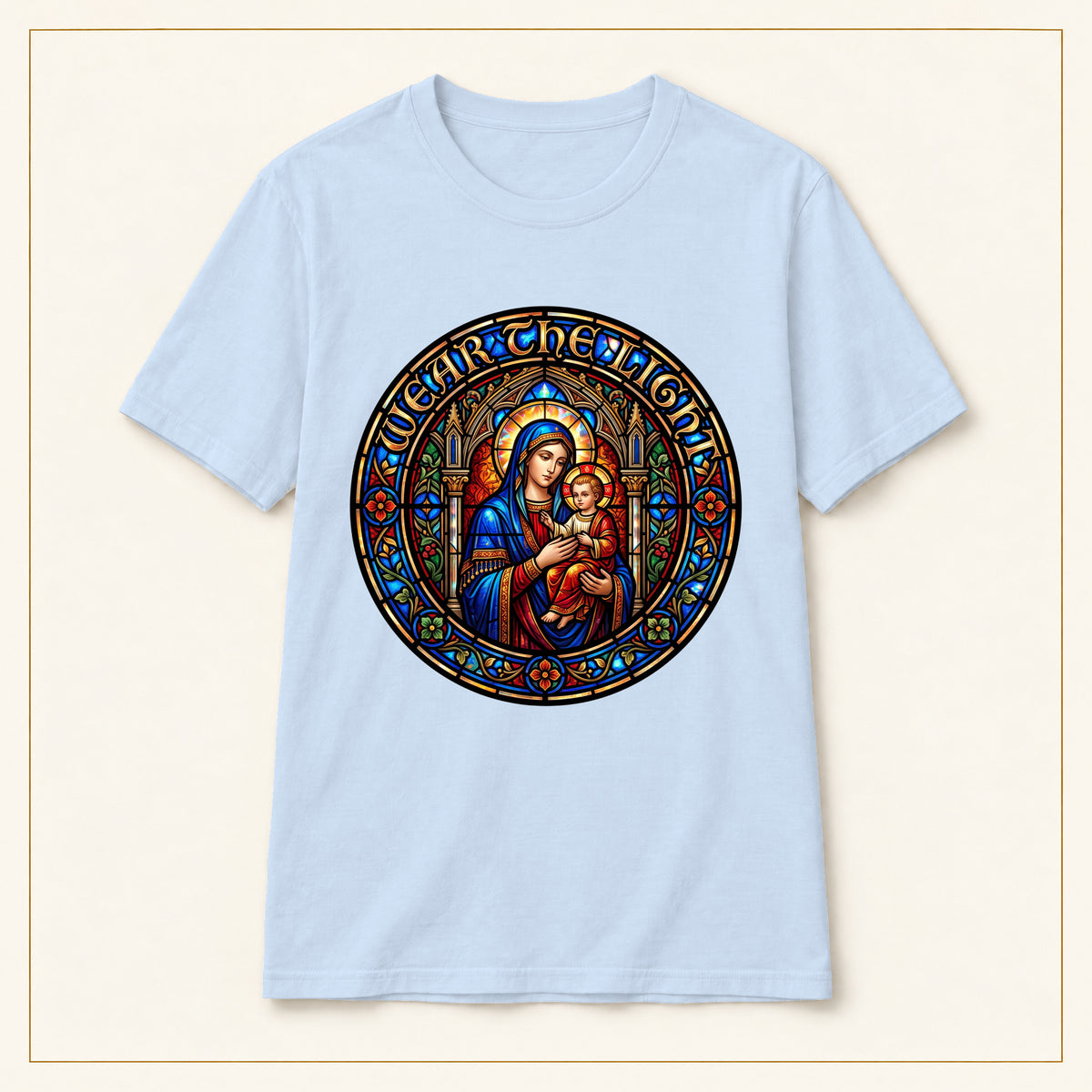 Madonna & Child T-Shirt — Stained Glass — compact lay-flat, original print scale and placement — Light Blue