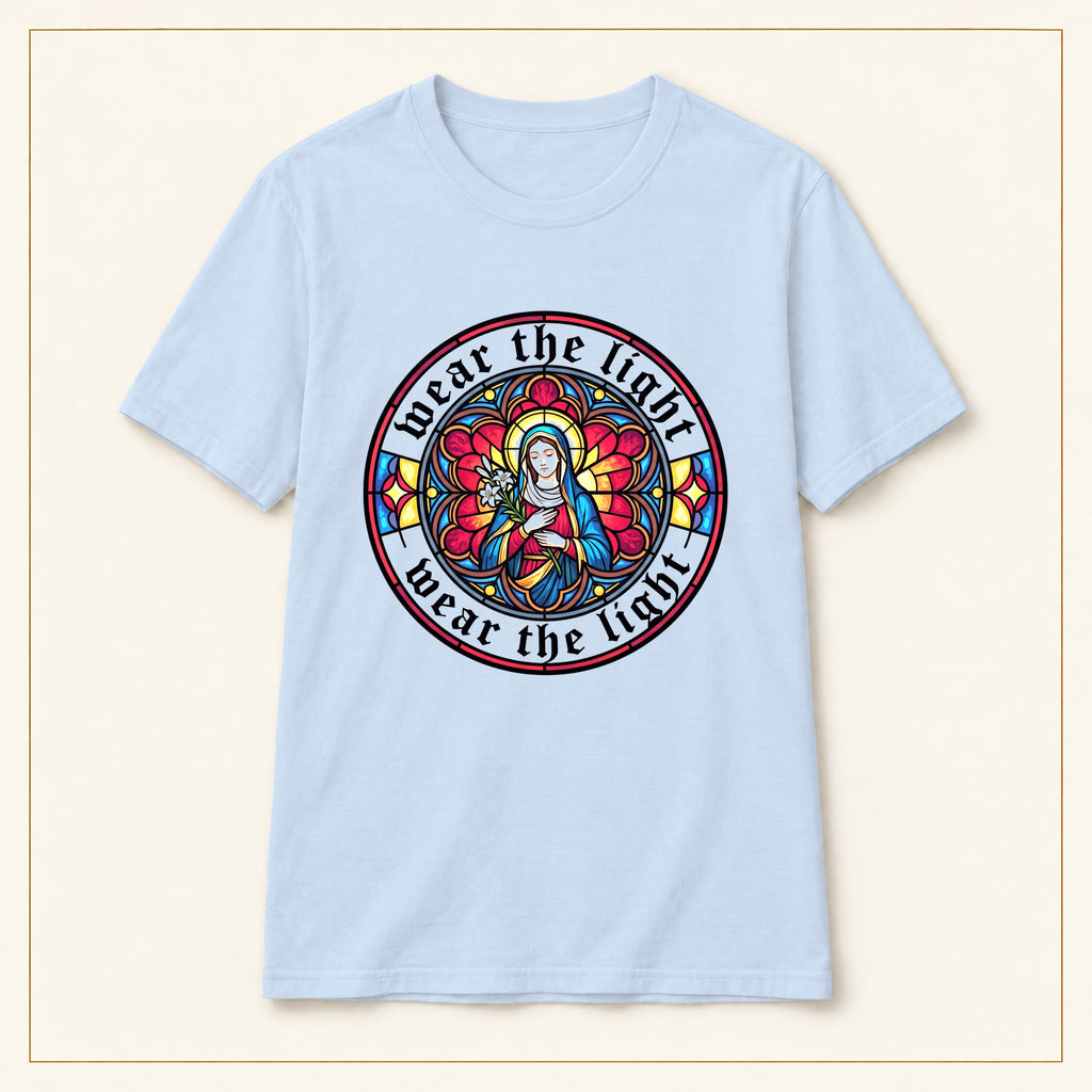 Madonna T-Shirt — Stained Glass Emblem — compact lay-flat, original print scale and placement — Light Blue