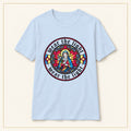 Madonna T-Shirt — Stained Glass Emblem — compact lay-flat, original print scale and placement — Light Blue